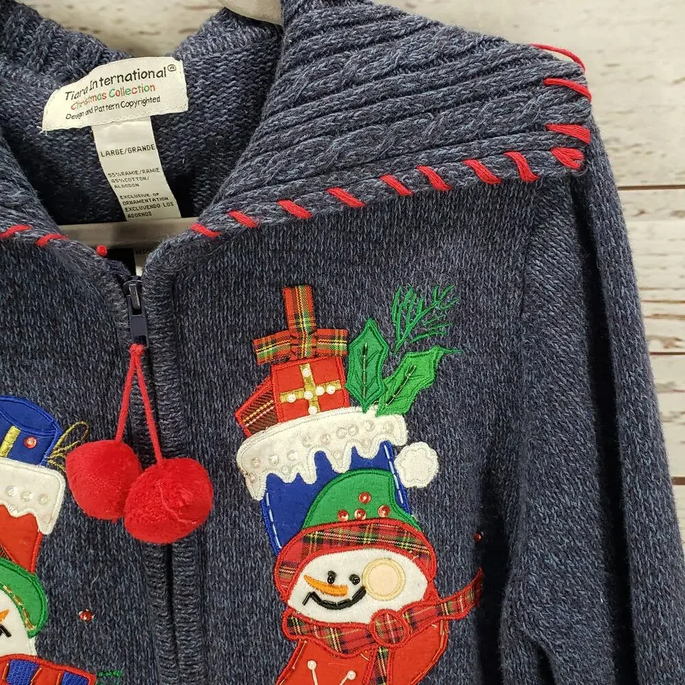 Tiara International Christmas Collection Blue Full Zip Sweater Size Large